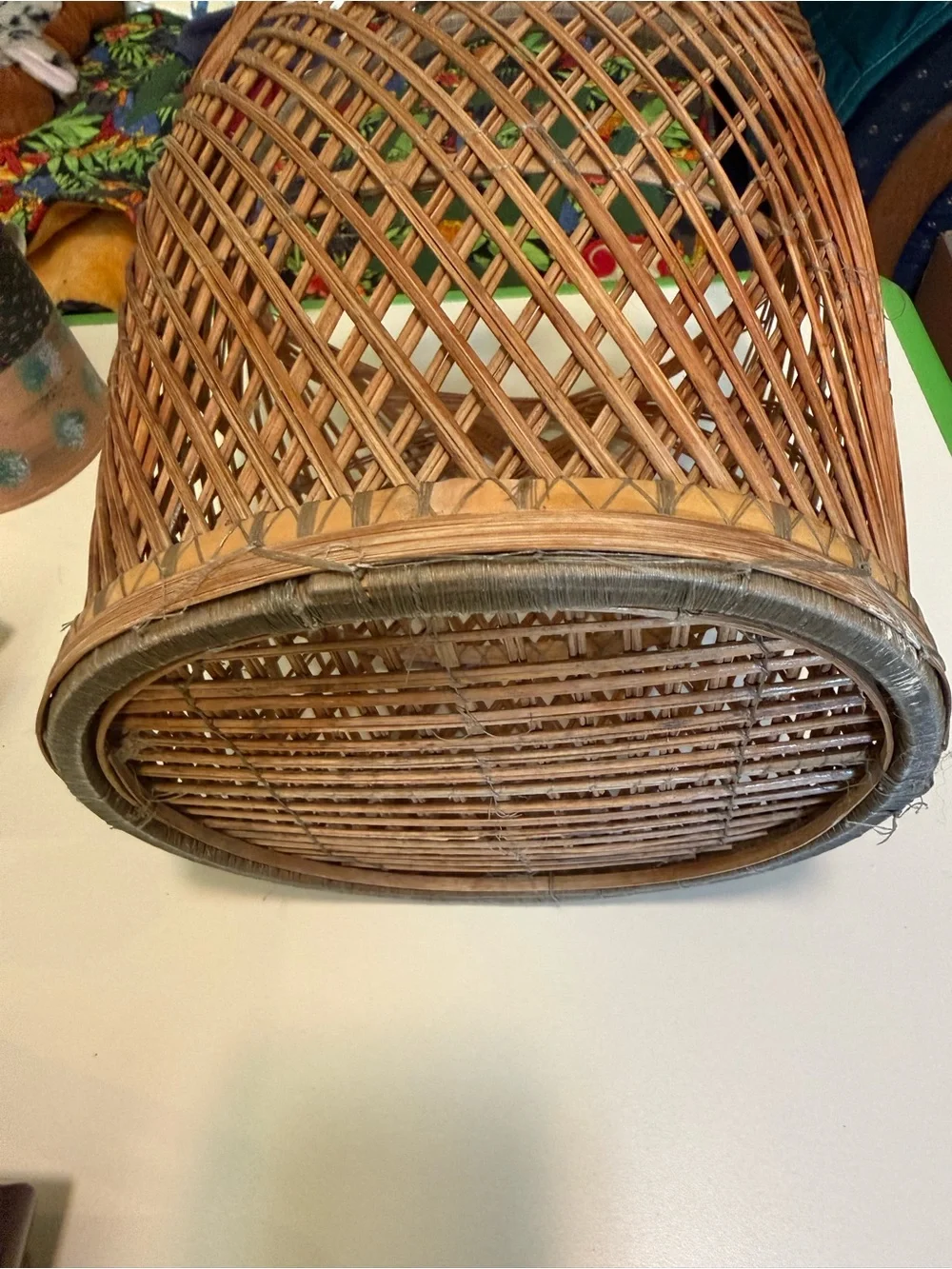 Vintage handwoven Asian basket,a traditional rattan flower gathering basket